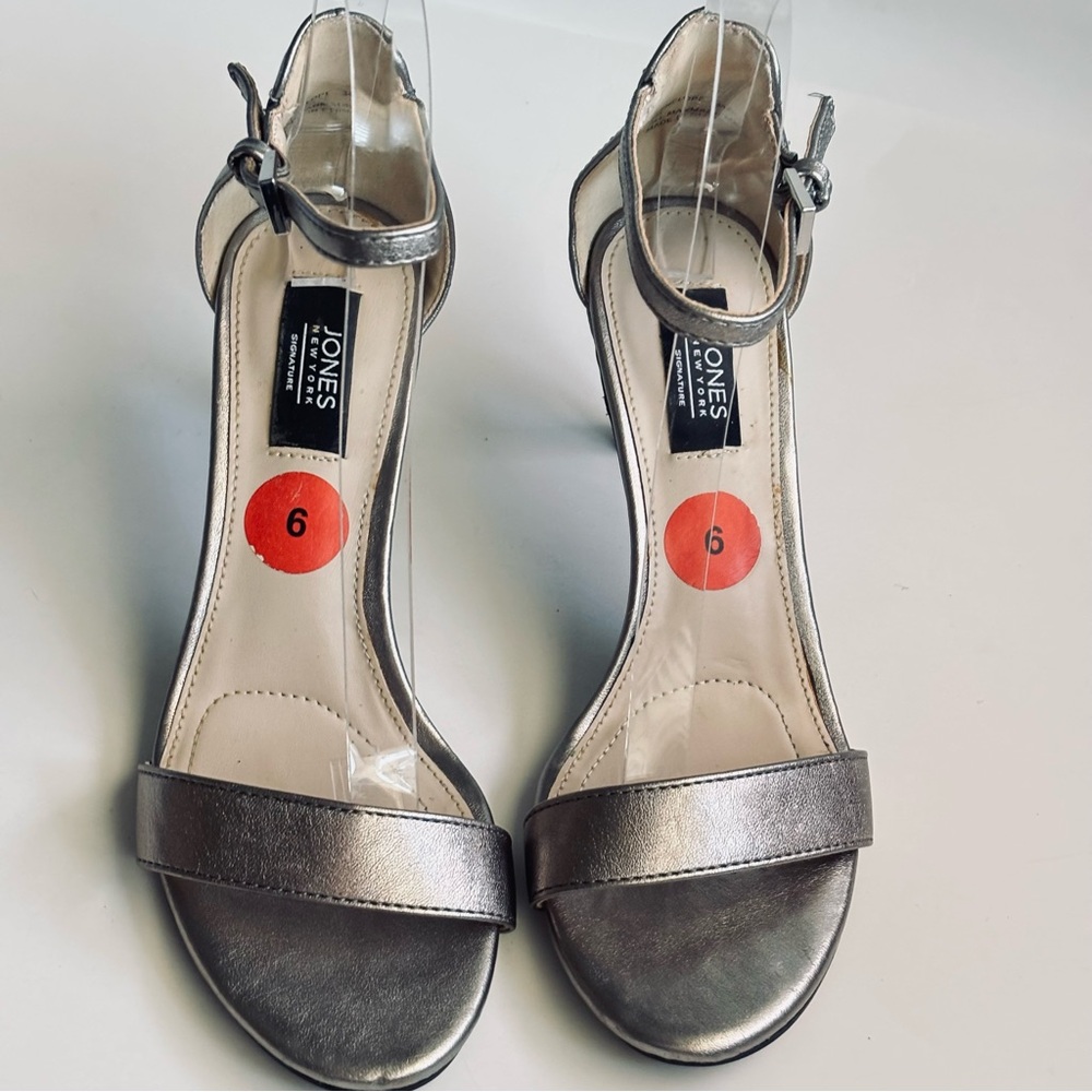 Jones New York Open Toe Metallic Women's Leather Heels Black Size 8 - Picture 2 of 16